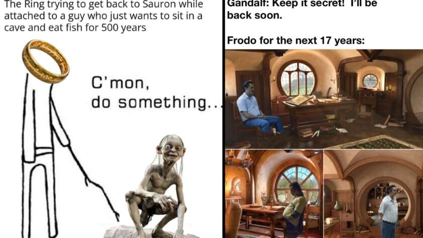 A meme split into two halves. The left side features a cartoon with text, "The Ring trying to get back to Sauron while attached to a guy who just wants to sit in a cave and eat fish for 500 years," with a Ring and Gollum illustration. The right side has four images of a man (labeled "Frodo") relaxing and reading in Hobbiton, accompanied by text: "Gandalf: Keep it secret! I'll be back soon. Frodo for the next 17 years:".