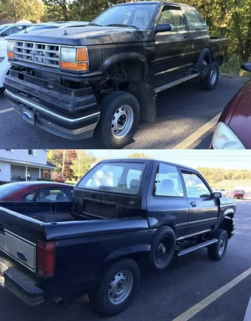 Top: A black SUV with significant damage, including crumpled front fenders and a bent frame, parked in a lot. Bottom: The same SUV, now placed in the bed of a black pickup truck, creating a humorous and unusual scene.