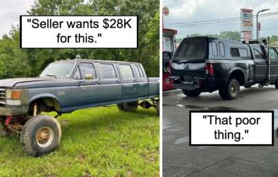 Left side: A long, heavily modified blue truck limousine with raised suspension parked on grass. Caption reads, "Seller wants $28K for this." Right side: A black pickup truck with an extended truck bed canopy, parked at a gas station. Caption reads, "That poor thing.