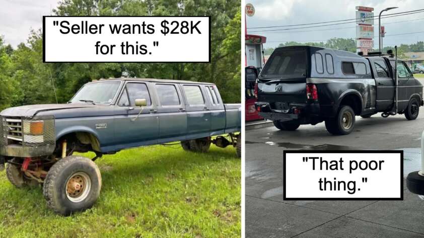 Left side: A long, heavily modified blue truck limousine with raised suspension parked on grass. Caption reads, "Seller wants $28K for this." Right side: A black pickup truck with an extended truck bed canopy, parked at a gas station. Caption reads, "That poor thing.