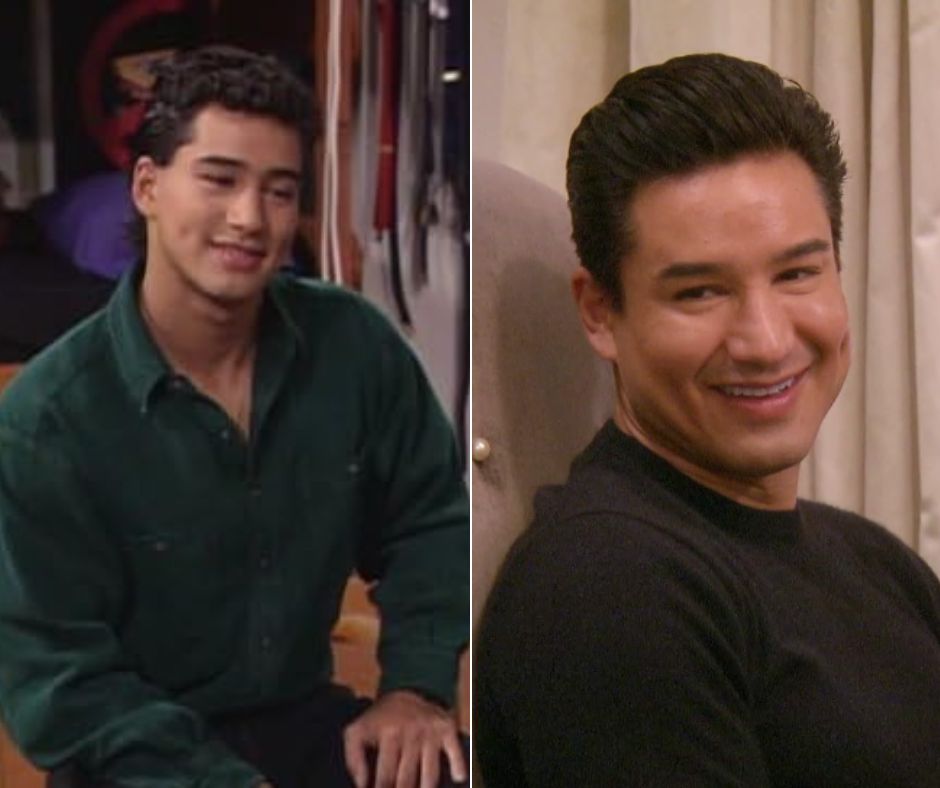 A side-by-side photo of the same person at different ages. On the left, a younger version is wearing a green shirt and smiling softly. On the right, an older version is dressed in a black shirt and is smiling broadly while looking into the camera.