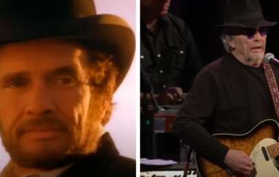 A split image of an elderly man wearing a black hat and dark glasses, playing a guitar and singing into a microphone on stage, juxtaposed with a younger version of him wearing a similar hat, with a contemplative expression and a sunset in the background.