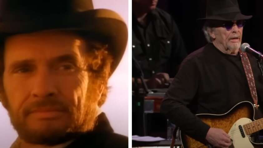 A split image of an elderly man wearing a black hat and dark glasses, playing a guitar and singing into a microphone on stage, juxtaposed with a younger version of him wearing a similar hat, with a contemplative expression and a sunset in the background.