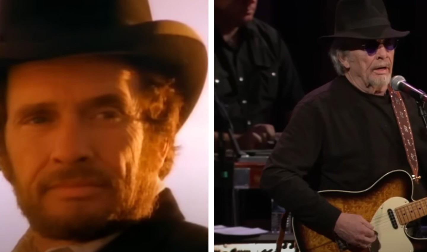 A split image of an elderly man wearing a black hat and dark glasses, playing a guitar and singing into a microphone on stage, juxtaposed with a younger version of him wearing a similar hat, with a contemplative expression and a sunset in the background.