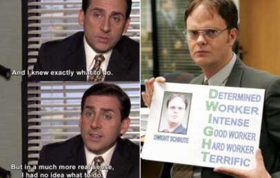 The image is split into two parts. On the left, a man in an office says, "And I knew exactly what to do. But in a much more real sense, I had no idea what to do." On the right, another man holds a sign with the acronym DWIGHT: Determined Worker Intense Good Worker Hard Worker Terrific.