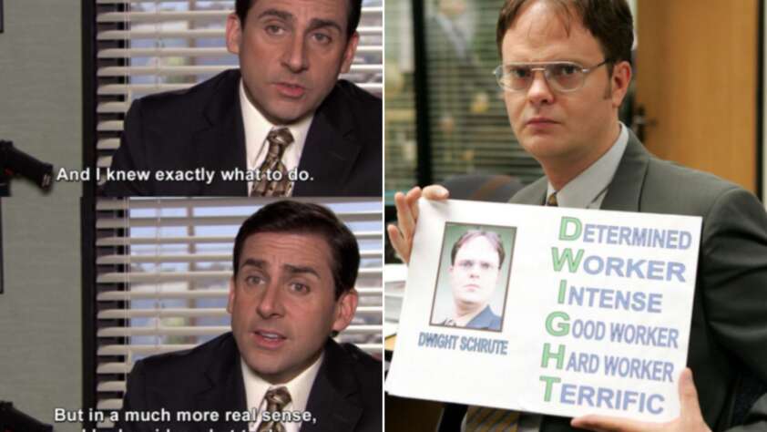 The image is split into two parts. On the left, a man in an office says, "And I knew exactly what to do. But in a much more real sense, I had no idea what to do." On the right, another man holds a sign with the acronym DWIGHT: Determined Worker Intense Good Worker Hard Worker Terrific.