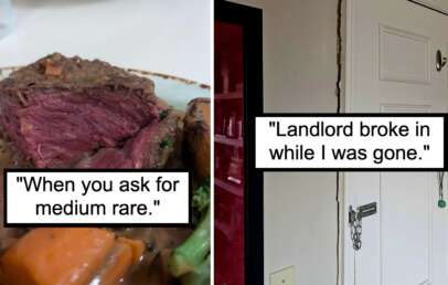 The image is split into two parts. The left side shows a close-up of a medium-rare steak with text saying, "When you ask for medium rare." The right side shows a door frame with a broken lock and text saying, "Landlord broke in while I was gone.