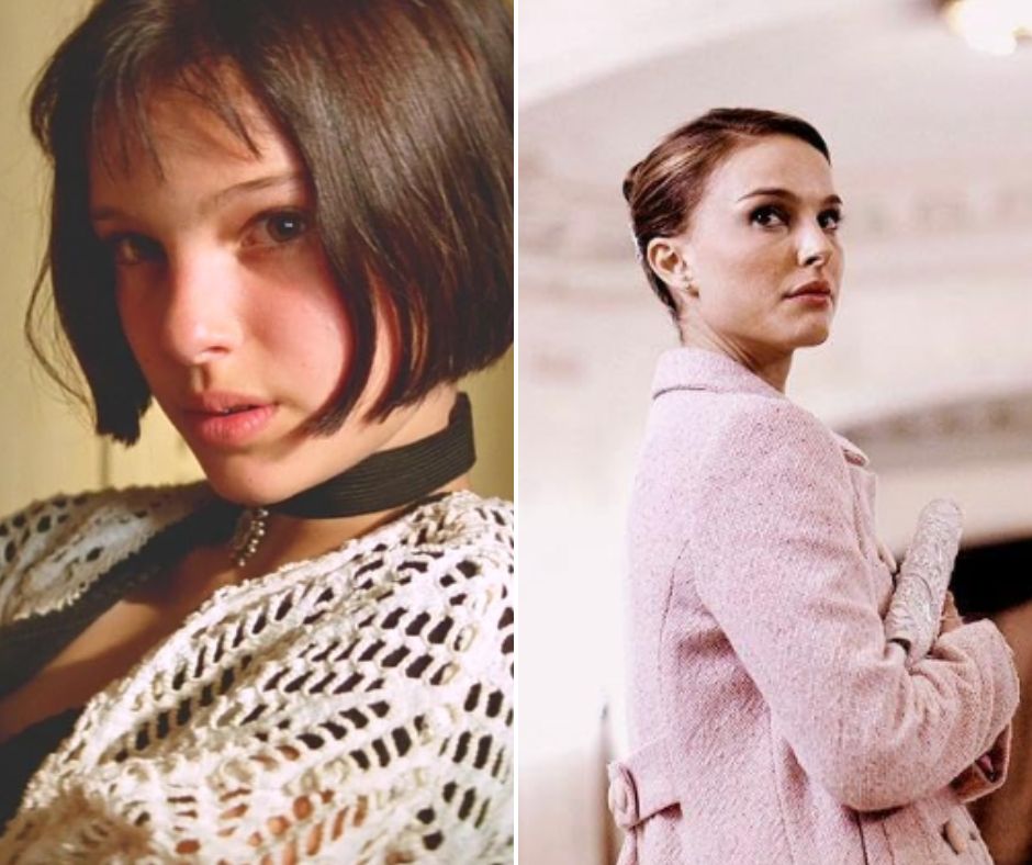 Side-by-side images of a person. On the left, they have a short bob haircut with bangs, wearing a white crocheted top and black choker. On the right, the same person has a neatly pulled-back hairstyle, wearing a pink coat, looking over their shoulder.