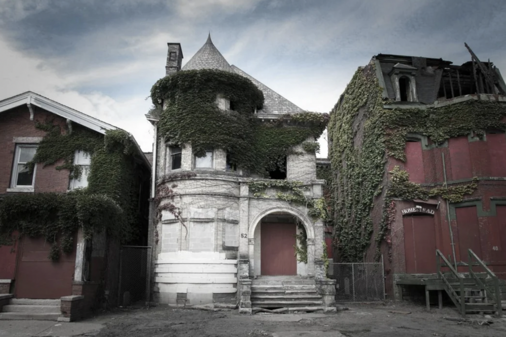 An old, abandoned mansion covered in ivy sits between two similarly neglected buildings. The house has a prominent, turret-like structure with a pointed roof and arched front door. The windows are boarded up, and the facade shows signs of decay.