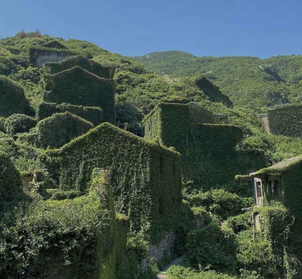 A cluster of abandoned buildings on a hillside are entirely covered in green ivy, blending them into the lush surrounding vegetation and making them look like part of the landscape under a clear, blue sky.