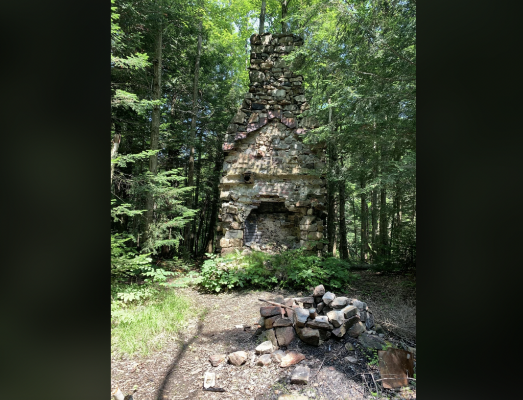 A tall, rustic stone chimney from an old, deteriorated house standing alone in a forest. Surrounding the chimney are dense trees and bushes. In front of the chimney, there is a pile of stones. Sunlight filters through the foliage, creating a serene atmosphere.