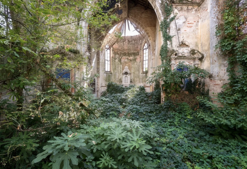 An overgrown, abandoned church interior. The floor is covered with dense greenery, including various plants and vines. The walls are weathered, with parts of the roof and arches missing, letting sunlight in. An old altar can be seen in the background.