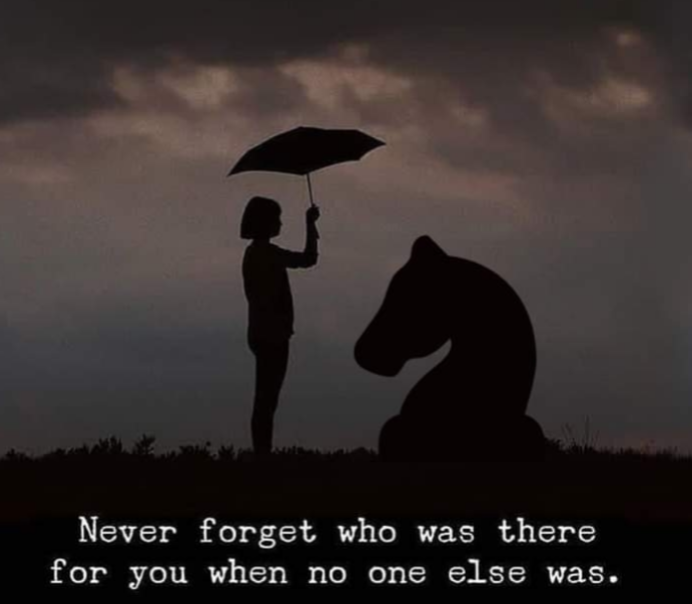 A silhouetted person holds an umbrella over a large sitting animal figure, probably a dog, against a dark, cloudy backdrop. The text at the bottom reads, "Never forget who was there for you when no one else was.