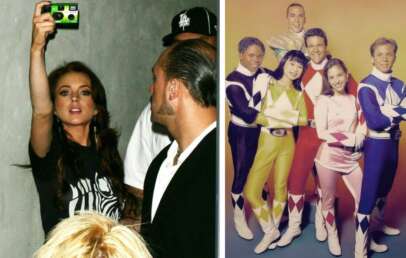 A photo collage: On the left, a woman takes a selfie with a disposable camera while others look on. On the right, a group of people in colorful costumes resembling Power Rangers pose together against a multicolored backdrop.