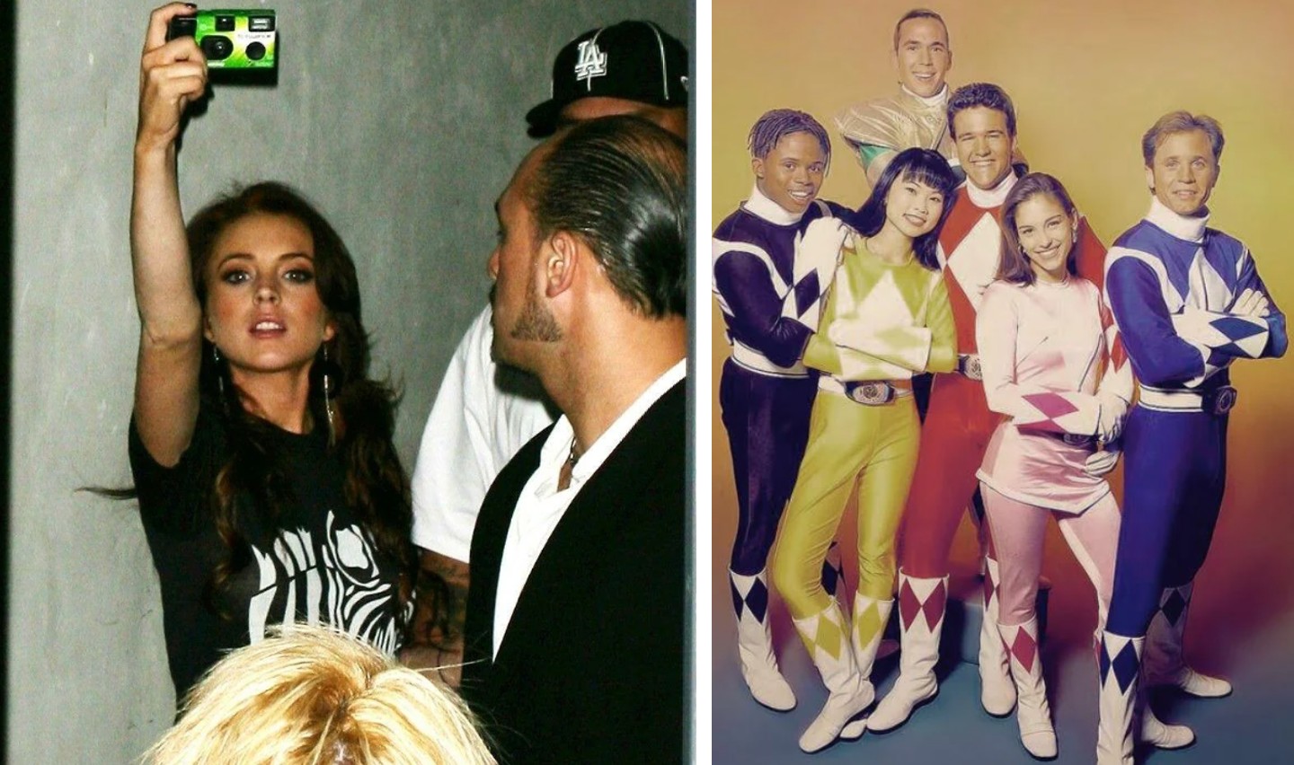 A photo collage: On the left, a woman takes a selfie with a disposable camera while others look on. On the right, a group of people in colorful costumes resembling Power Rangers pose together against a multicolored backdrop.