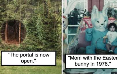 Left: A circular doorway appears carved into a dense forest, resembling a mystical portal. Right: An old photo of a child sitting on the lap of a person dressed in an Easter bunny costume, with 'Mom with the Easter bunny in 1978.' captioned.