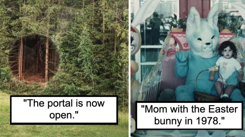 Left: A circular doorway appears carved into a dense forest, resembling a mystical portal. Right: An old photo of a child sitting on the lap of a person dressed in an Easter bunny costume, with 'Mom with the Easter bunny in 1978.' captioned.