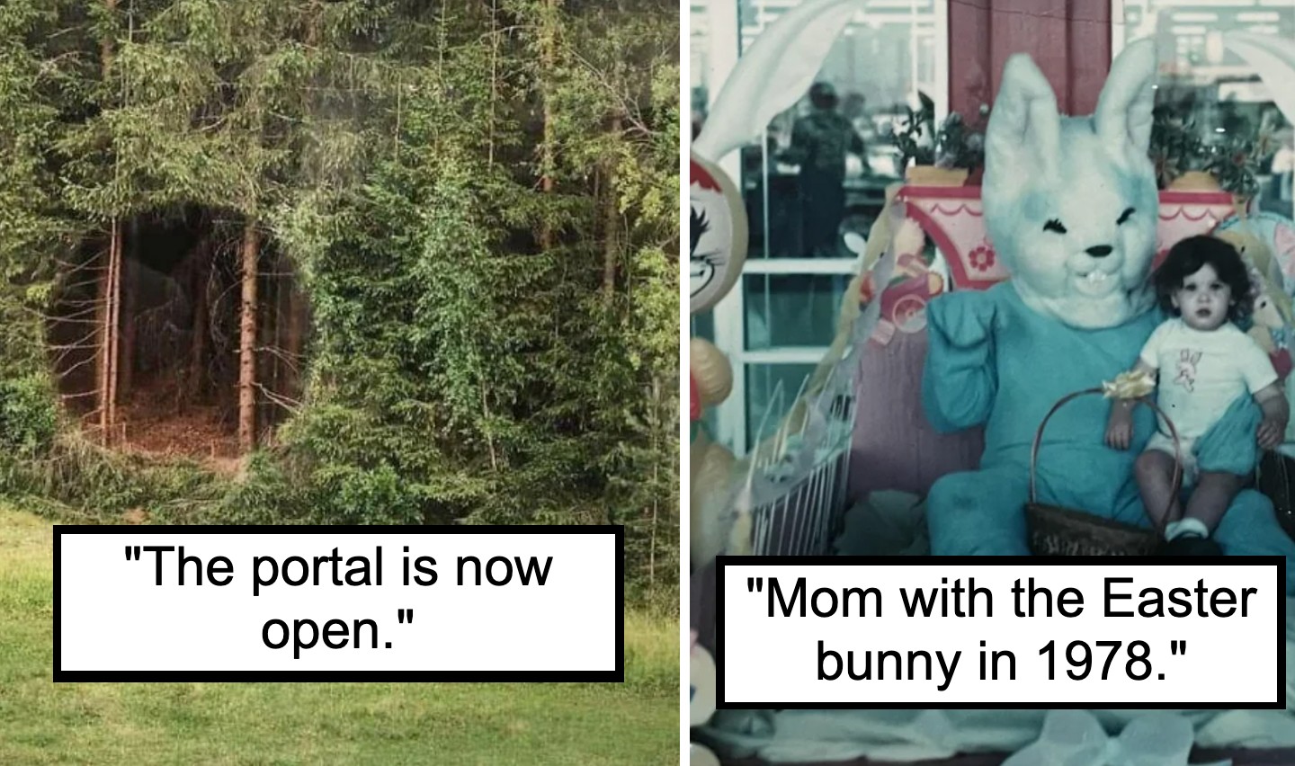 Left: A circular doorway appears carved into a dense forest, resembling a mystical portal. Right: An old photo of a child sitting on the lap of a person dressed in an Easter bunny costume, with 'Mom with the Easter bunny in 1978.' captioned.