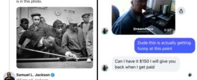 A screenshot of a tweet by Samuel L. Jackson correcting a mistaken identity. The left side features a photo of Dr. Martin Luther King Jr. playing pool, which was incorrectly identified as Jackson. The right side shows a humorous conversation about borrowing money.