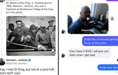 A screenshot of a tweet by Samuel L. Jackson correcting a mistaken identity. The left side features a photo of Dr. Martin Luther King Jr. playing pool, which was incorrectly identified as Jackson. The right side shows a humorous conversation about borrowing money.