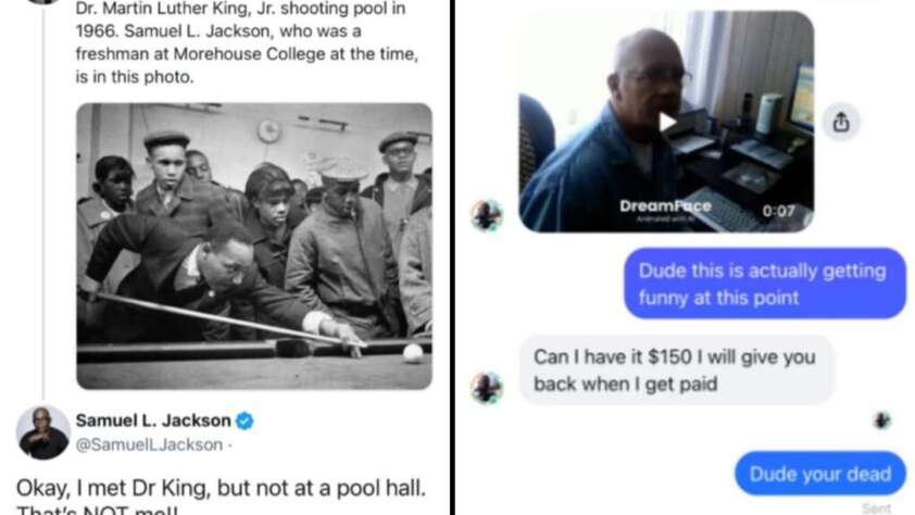 A screenshot of a tweet by Samuel L. Jackson correcting a mistaken identity. The left side features a photo of Dr. Martin Luther King Jr. playing pool, which was incorrectly identified as Jackson. The right side shows a humorous conversation about borrowing money.