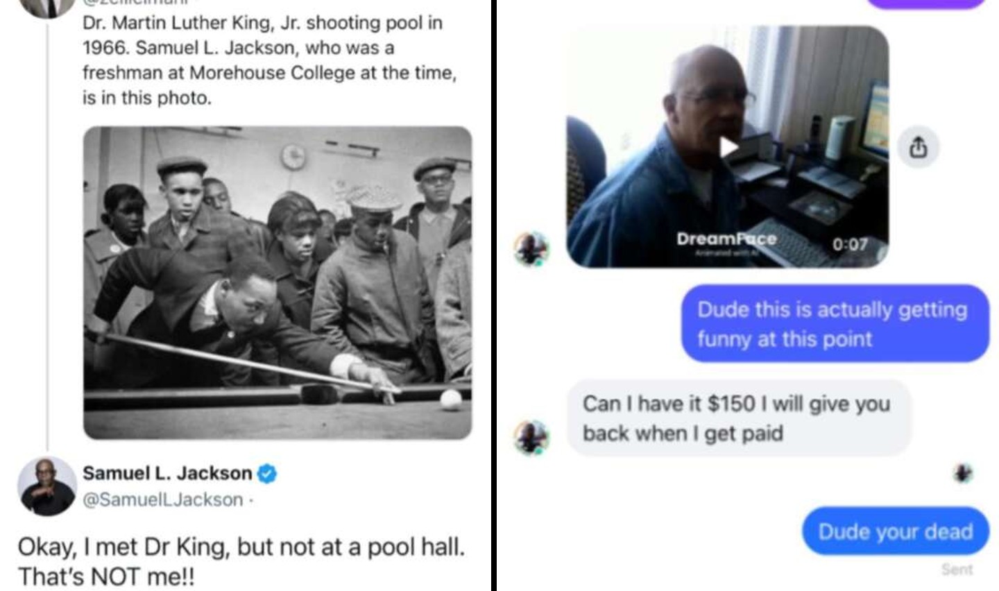 A screenshot of a tweet by Samuel L. Jackson correcting a mistaken identity. The left side features a photo of Dr. Martin Luther King Jr. playing pool, which was incorrectly identified as Jackson. The right side shows a humorous conversation about borrowing money.