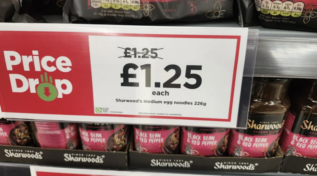 A store shelf displays packages of Sharwood's medium egg noodles in 226g bags. A sign above the packages shows "Price Drop" with the new price of £1.25 each, down from £1.25.