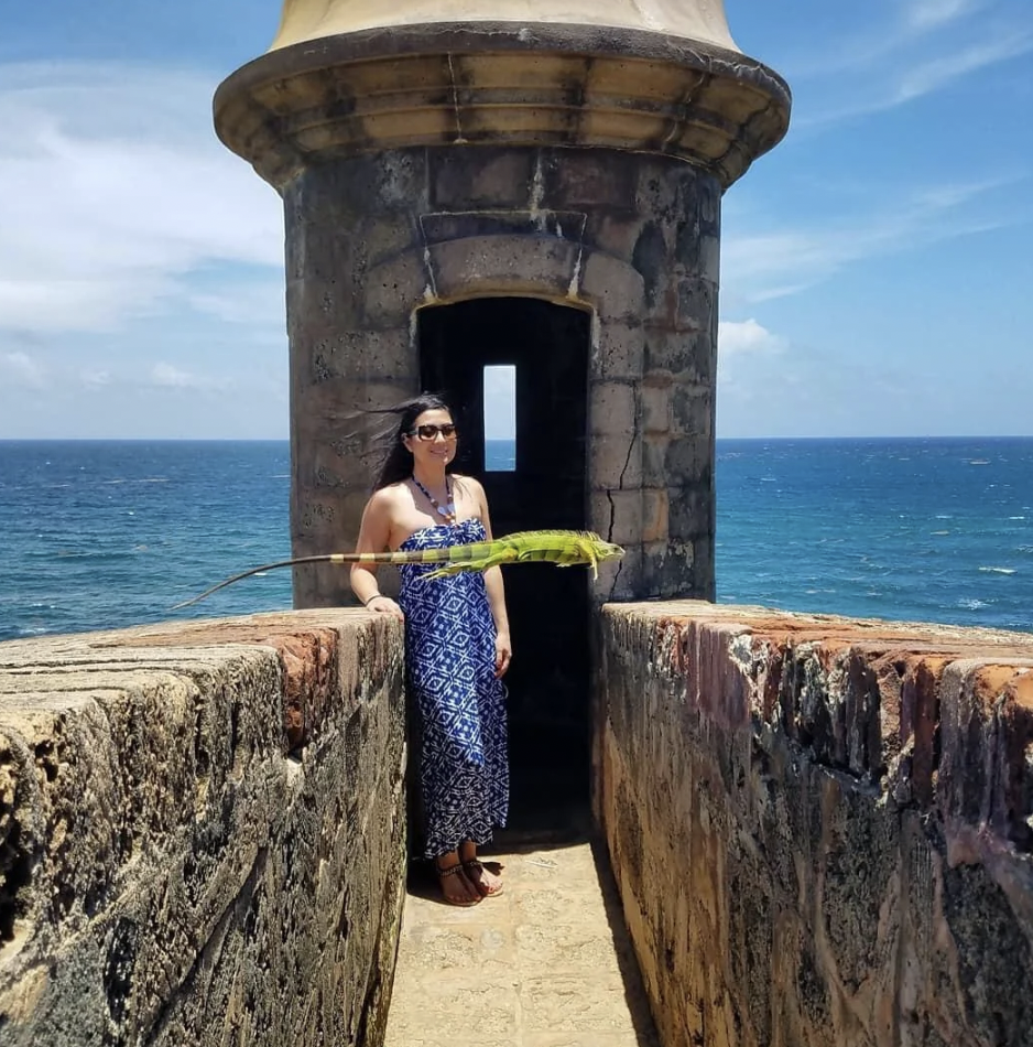 A woman in a blue patterned dress stands by a large stone structure with a lizard on the wall in front of her. The structure overlooks a vast ocean under a clear blue sky.