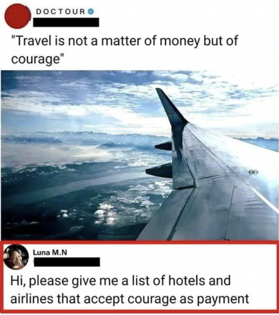 A social media post with an image of an airplane wing in the sky above clouds. The overlay text reads "Travel is not a matter of money but of courage." Below it, a comment reads, "Hi, please give me a list of hotels and airlines that accept courage as payment.