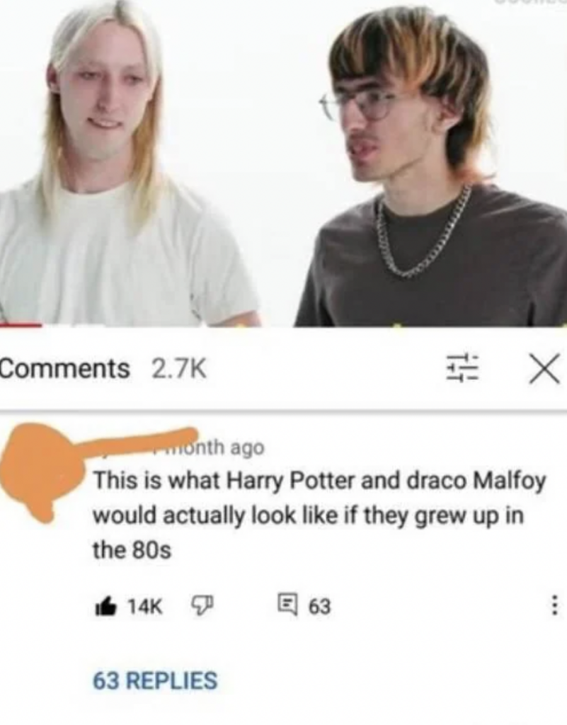 Two individuals with long hair, one with blond hair wearing a white shirt and the other with brown hair and glasses wearing a brown shirt. Below them is a comment suggesting that this is how Harry Potter and Draco Malfoy would look if they grew up in the 80s. The comment has 14K likes and 63 replies.