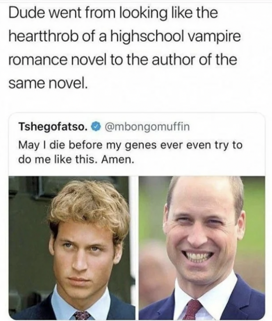 A tweet with the handle @mbongomuffin shows two side-by-side photos of the same man at different ages. The younger version has long, curly blond hair, while the older version is balding with short hair. The caption above reads, "Dude went from looking like the heartthrob of a highschool vampire romance novel to the author of the same novel." The tweet below says, "May I die before my genes ever even try to do me like this. Amen.