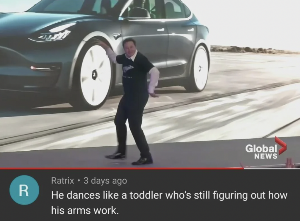 A man is dancing energetically in front of a large screen displaying a car. A YouTube comment overlayed on the image reads, "He dances like a toddler who's still figuring out how his arms work." The Global News logo is visible in the top right corner.