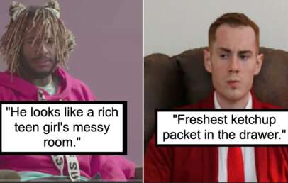 Split image; left shows a person with blonde dreadlocks and a pink hoodie, text reads "He looks like a rich teen girl's messy room." Right side depicts a person in a red suit with a white shirt, text reads "Freshest ketchup packet in the drawer.