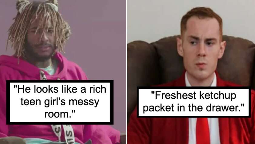 Split image; left shows a person with blonde dreadlocks and a pink hoodie, text reads "He looks like a rich teen girl's messy room." Right side depicts a person in a red suit with a white shirt, text reads "Freshest ketchup packet in the drawer.