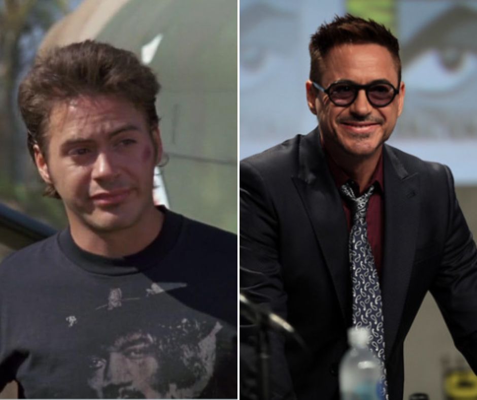 Side-by-side images of a man at two different ages. The left image shows a younger man with messy hair, in a casual t-shirt, standing outdoors. The right image shows the same man, older, wearing glasses, a dark suit, and tie, smiling while speaking at an event.