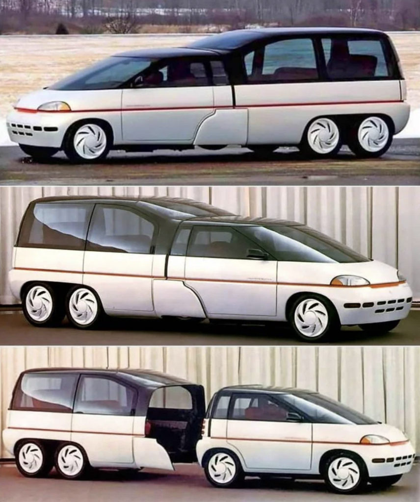 A futuristic concept car with a white body, a black top, and red accents is shown from different angles. The vehicle features a unique design with six wheels and an extended rear section. In one image, the rear section is detached, showcasing flexibility.