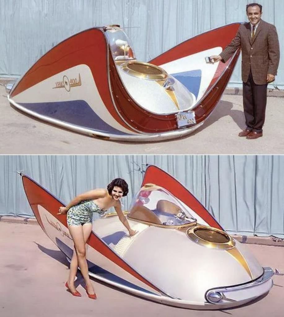 A retro-futuristic vehicle titled "1490 Bob Doro" is showcased in two images. The top image features a man in a suit standing beside the vehicle, while the bottom image shows a woman in a colorful swimsuit posing next to it. The vehicle has a sleek, aerodynamic design in red, white, and blue.