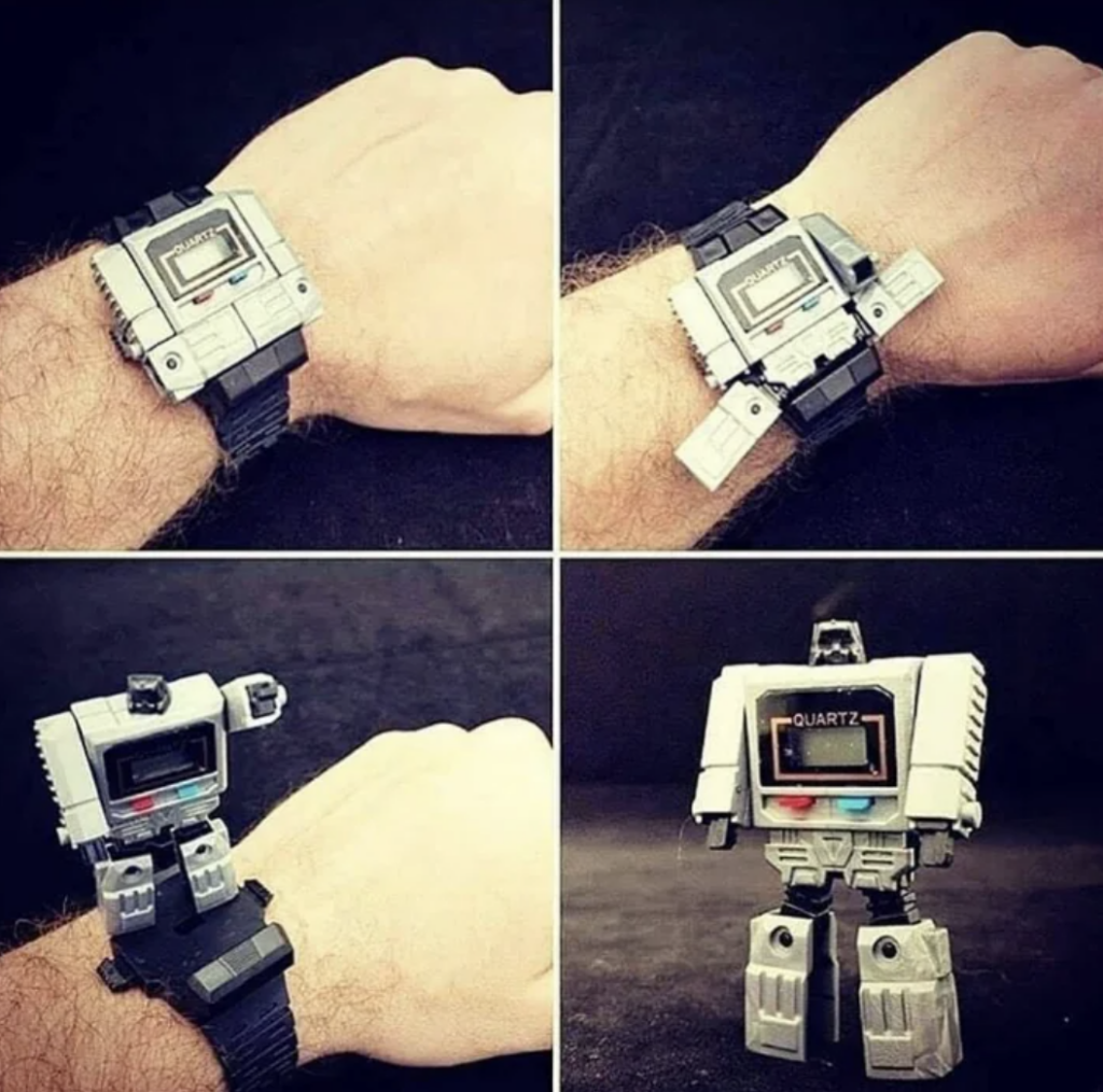 A multi-image collage featuring a black wristwatch transforming into a small robot. The first two panels show the watch on a wrist. The third panel shows it partially transformed, and the fourth panel displays the fully transformed robot standing alone.