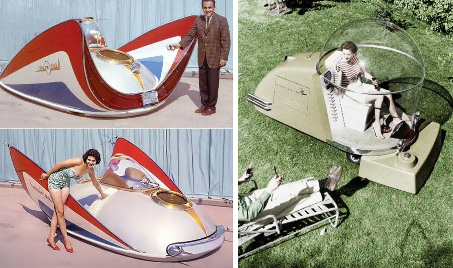 An image of a retro flying car next to an image of a retro air-conditioned lawnmower.