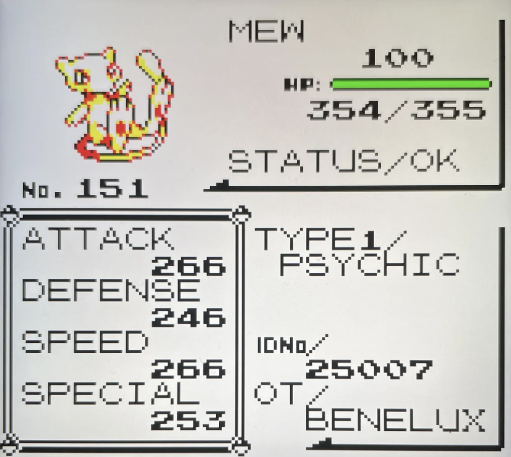 A screenshot of a Pokémon status screen showing Mew, No. 151. Mew is at level 100 with 354/355 HP and is in OK status. Its stats include 266 Attack, 246 Defense, 266 Speed, and 253 Special. Mew's type is Psychic. The trainer ID is 25007, and the OT is Benelux.