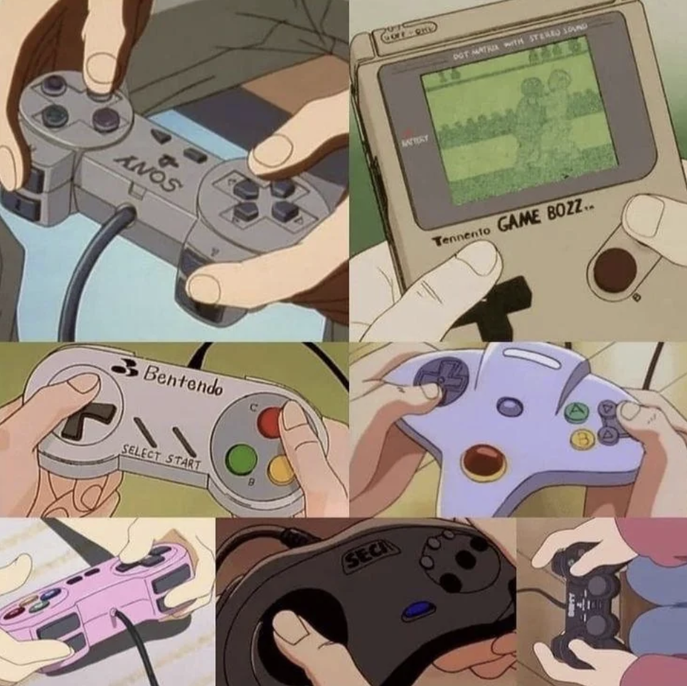 A collage of animated hands holding various video game controllers from different console brands. Controllers resemble those from Sony, Nintendo, Sega, and others. Each panel showcases a different design, some modern and some retro handhelds.