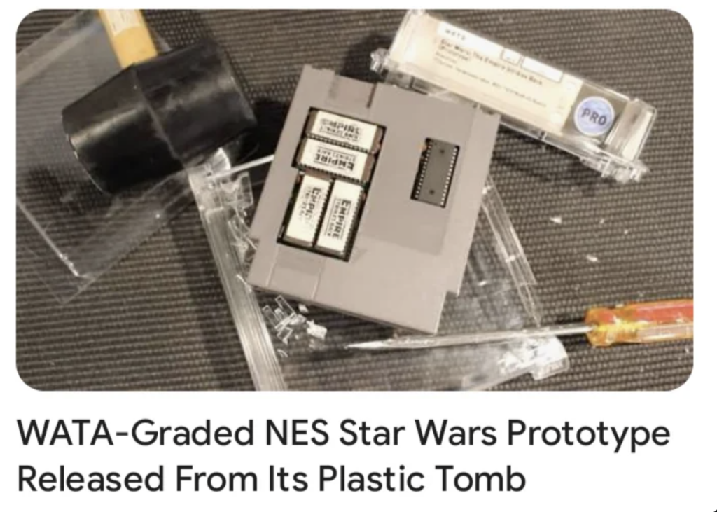 A WATA-graded NES Star Wars prototype cartridge is shown released from its plastic casing, which is broken open with a mallet and a screwdriver lying nearby. The label on the cartridge reads "Star Wars Sound Demo." The image suggests a grading and preservation context.