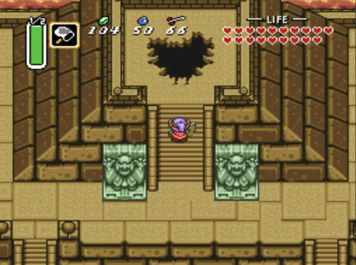 A scene from a retro video game features a character in a pink outfit standing at the top of a staircase in a temple-like setting. The character faces a large, dark hole in the floor. Heart icons and various status indicators are displayed at the top of the screen.