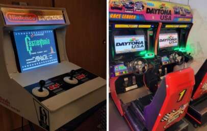 Split image: Left side shows a white Nintendo Entertainment System arcade cabinet with a "Castlevania" game on the screen and large controller buttons. Right side shows two "Daytona USA" racing arcade machines equipped with steering wheels and racing seats.