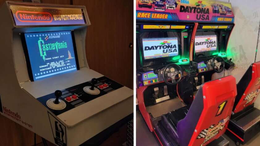 Split image: Left side shows a white Nintendo Entertainment System arcade cabinet with a "Castlevania" game on the screen and large controller buttons. Right side shows two "Daytona USA" racing arcade machines equipped with steering wheels and racing seats.