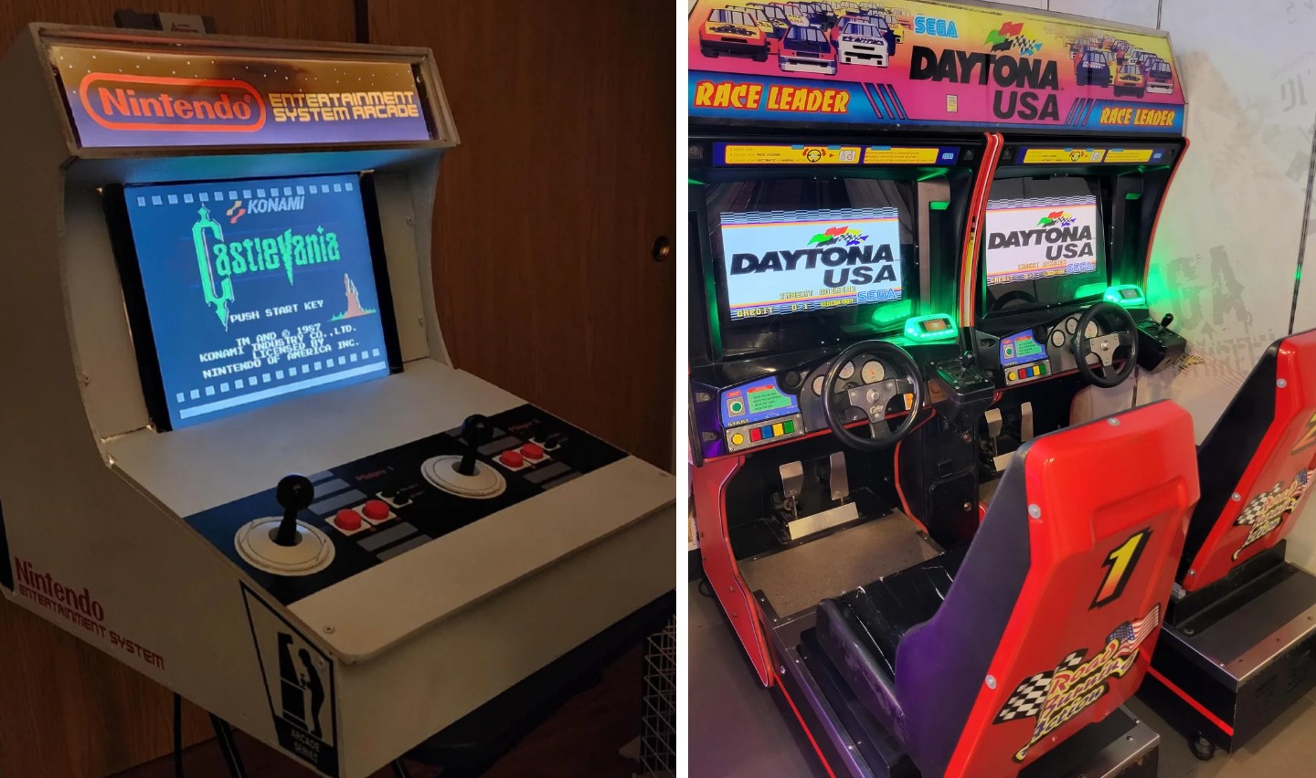 Split image: Left side shows a white Nintendo Entertainment System arcade cabinet with a "Castlevania" game on the screen and large controller buttons. Right side shows two "Daytona USA" racing arcade machines equipped with steering wheels and racing seats.