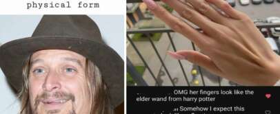 A split image: on the left is a person with long hair and a hat, with overlaid text saying "Kid Rock looks like body odor in physical form". On the right is a close-up of long pink nails on a hand, with comments describing the fingers as wizard-like and flamingo-like.