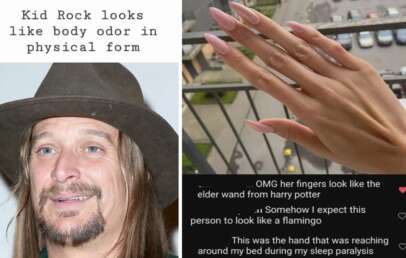 A split image: on the left is a person with long hair and a hat, with overlaid text saying "Kid Rock looks like body odor in physical form". On the right is a close-up of long pink nails on a hand, with comments describing the fingers as wizard-like and flamingo-like.