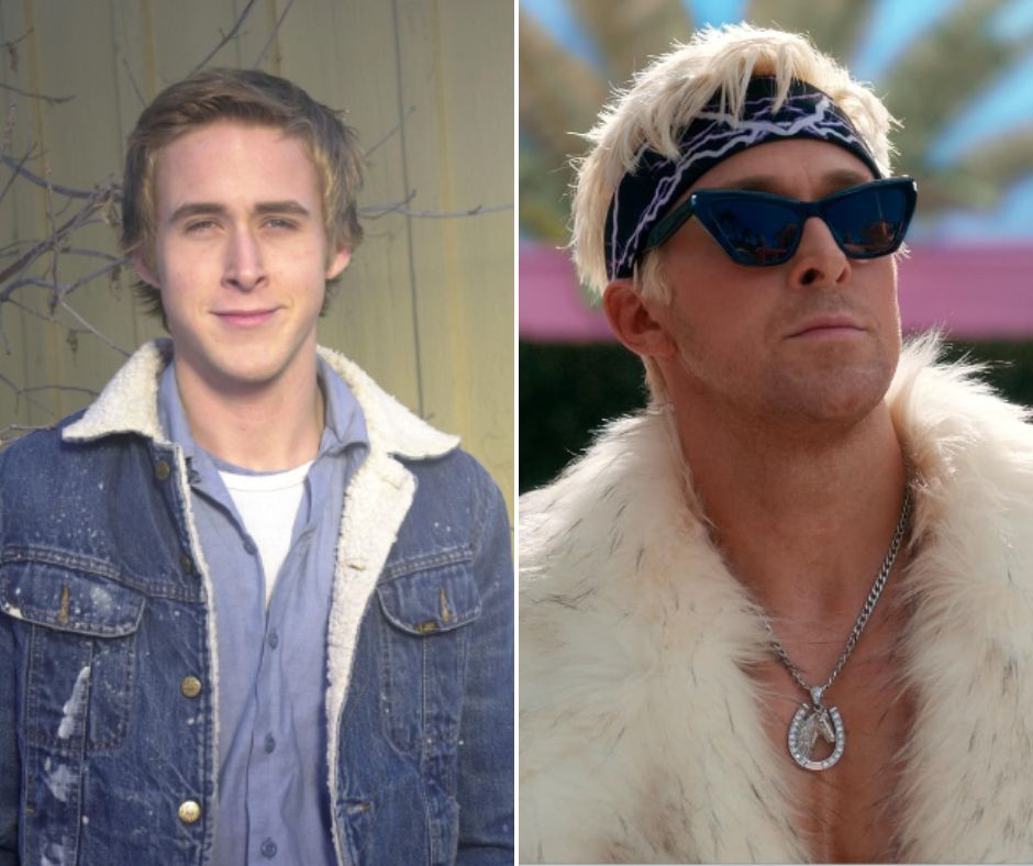 A side-by-side comparison image shows a person in two different outfits. On the left, they wear casual denim with a jacket over a shirt, and on the right, they wear an elaborate costume including sunglasses, a fur coat, a headband, and a chain necklace with a pendant.