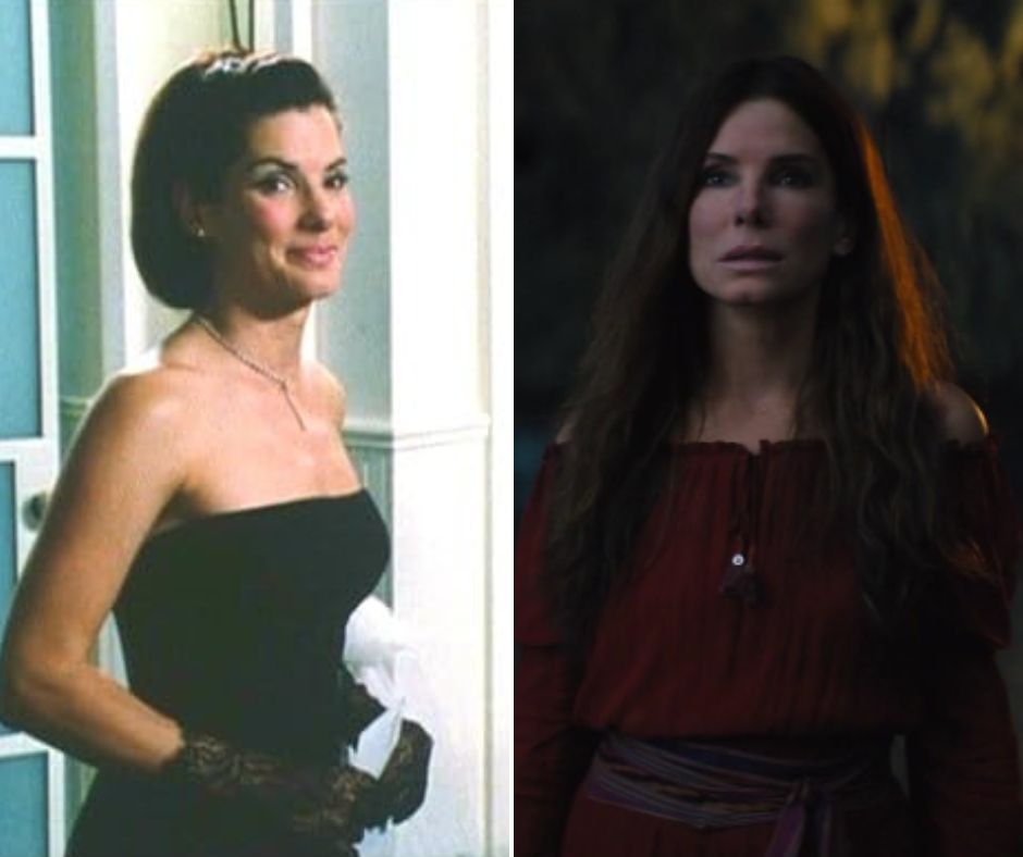 A woman is shown in a side-by-side comparison. On the left, she wears a black strapless dress and gloves, smiling indoors. On the right, she wears a brown off-the-shoulder top with a serious expression, standing outside in low light.